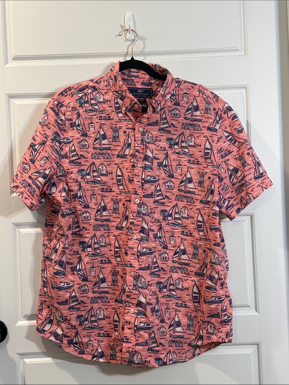 Mens Vineyard Vines Whale Short Sleeve Shirt Sailboats Pink Blue large
